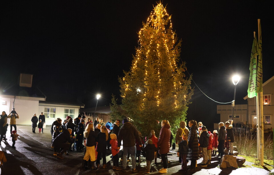 Gang rundt juletreet hører med når det er julegateåpning på Roverud. Mange mennesker går rundt juletreet.