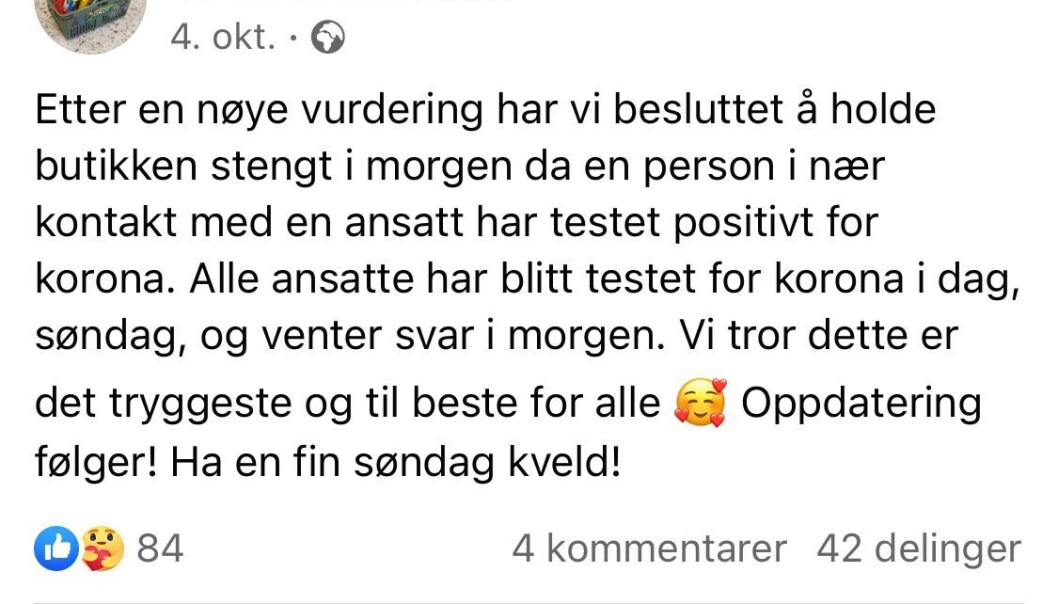 4. oktober valgte Assem og de andre ansatte i Joker Austmarka å gå ut med denne meldingen på Facebook. 4. oktober valgte Assem og de andre ansatte i Joker Austmarka å gå ut med denne meldingen på Facebook.