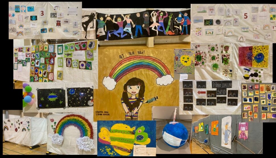 «Alt blir bra»: Barneskolene har bidratt med kunst, tegninger og dikt til å pynte hallen.