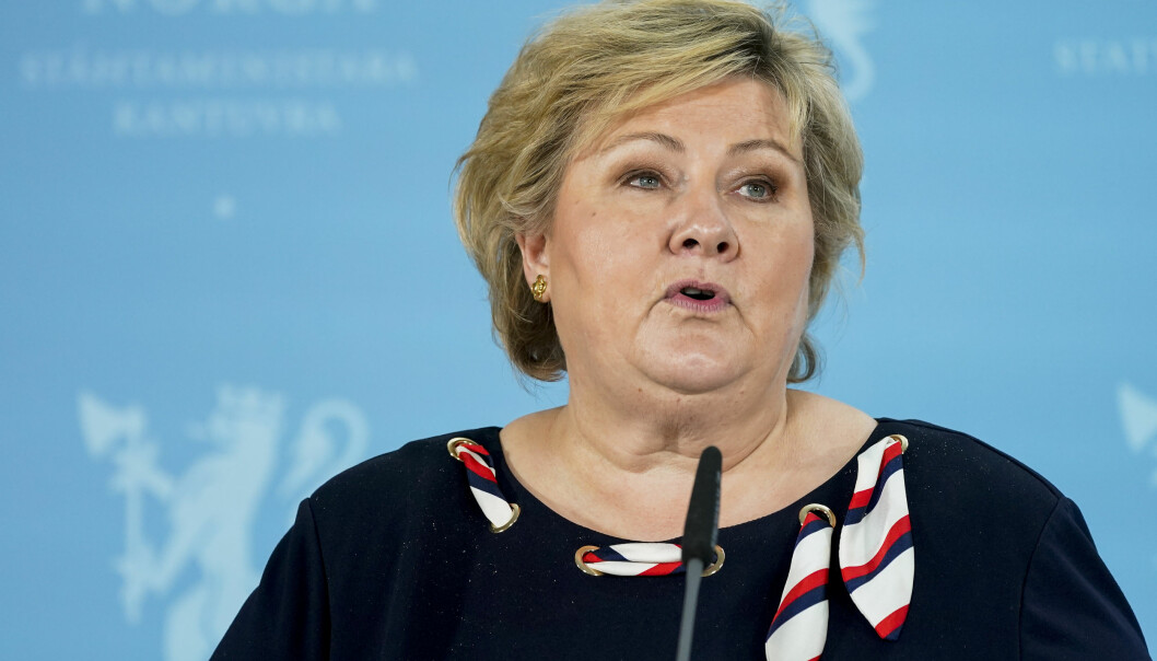 Statsminister Erna Solberg under pressekonferanse tirsdag om koronasituasjonen.