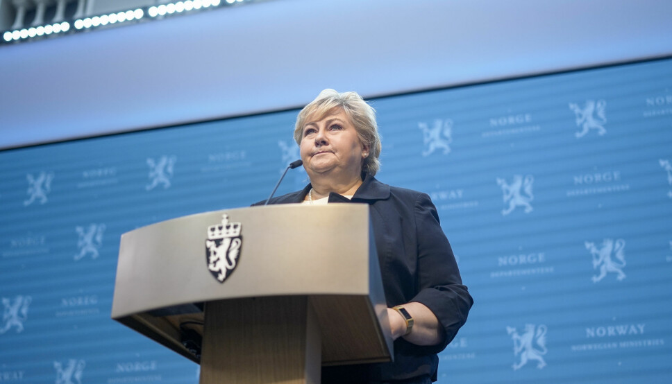 Statsminister Erna Solberg under regjeringes pressekonferanse angående gjenåpningen av Norge.