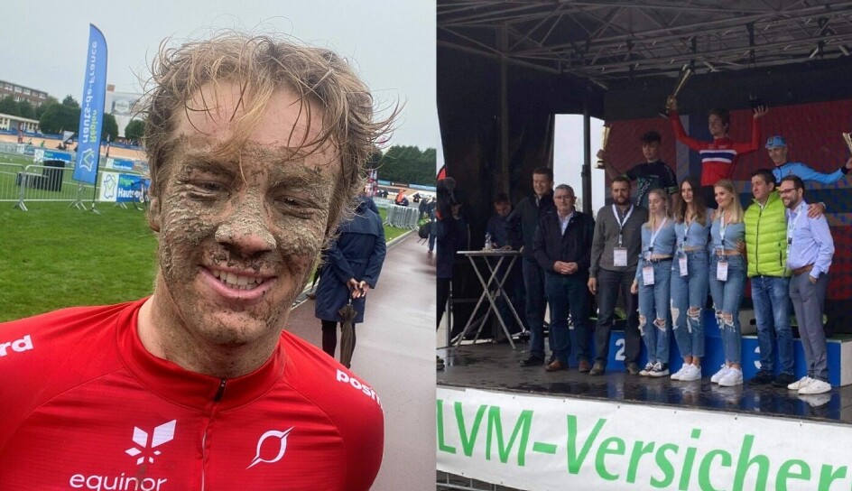 Stian Edvardsen-Fredheim (t.v.) var full av gjørme da han vant Paris-Roubaix, og i Tyskland gikk Trym Brennsæter til topps i Saarland Trofe.