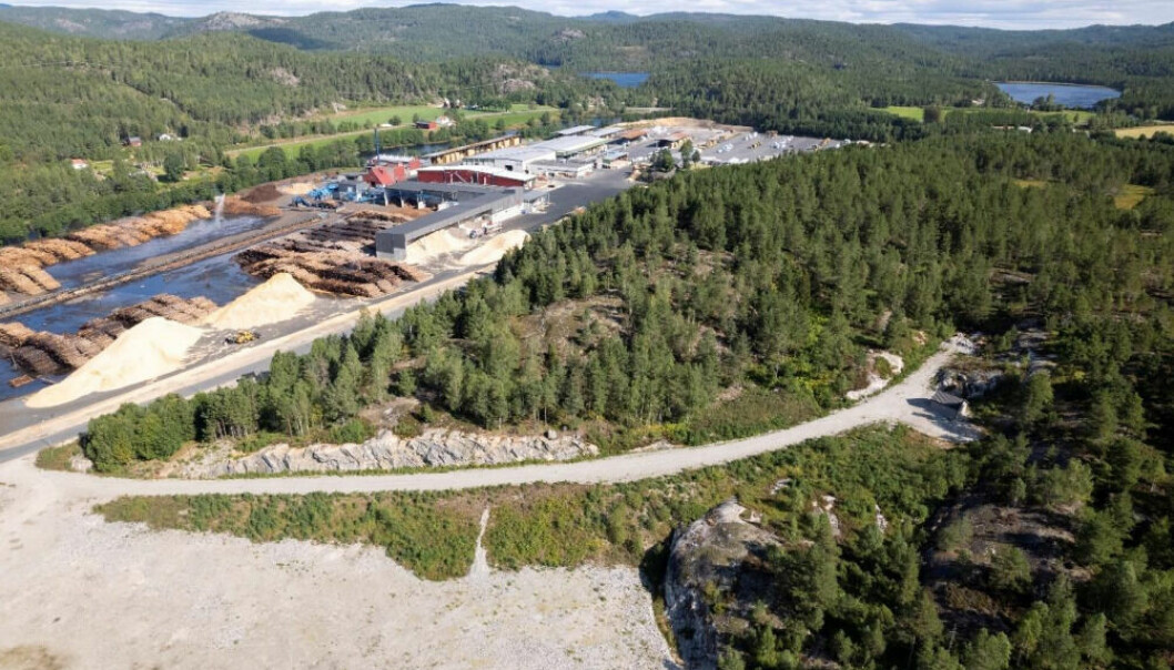 Fabrikken vil bli oppført på tomten til høyre i bildet som er regulert til dette formålet. Til venstre er Nidarå sagbruket som er eid og driftet av Bergene Holm AS. Sidestrømmer fra sagbruket vil kunne benyttes i produksjonen.