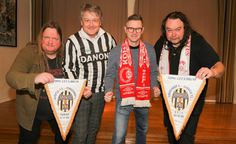 Stian Fossum (t.v.), Uno Arnesen (Byen Vår), Jørn Karlsrud (lekte med Juventus i 1993) og Thomas Ramstad (supporterklubben) ser frem til en heidundrende fest for å markere at det er 30 år siden KIL møtte Juventus.