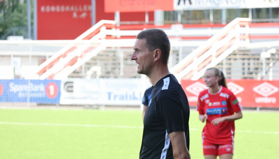 En skuffet trener Rune Skasberg måtte se at det endte med 1-2 tap på Gjemselund mot Stabæk 2.